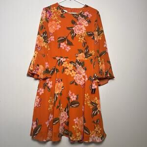 NWT Donna Morgan Bell Sleeve Floral Dress Sz 12 Orange Vacation Flowy Romantic